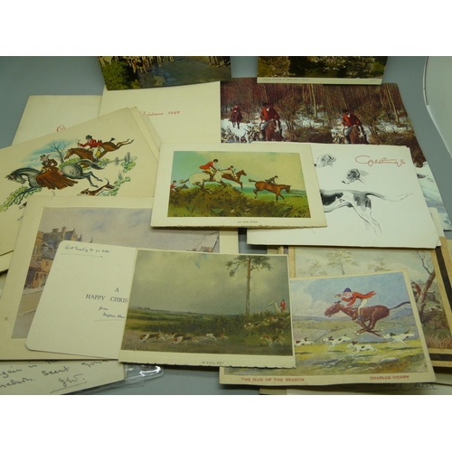 616 - A collection of hunting ephemera with postcards, Christmas cards, etc.