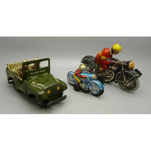 620 - Three tin-plate toys, two motorcycles and a Military Police Jeep