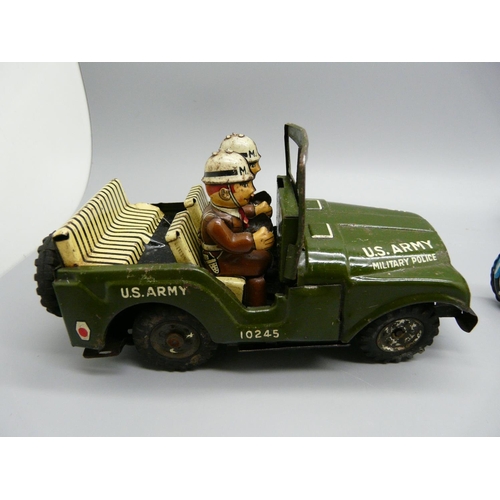 620 - Three tin-plate toys, two motorcycles and a Military Police Jeep