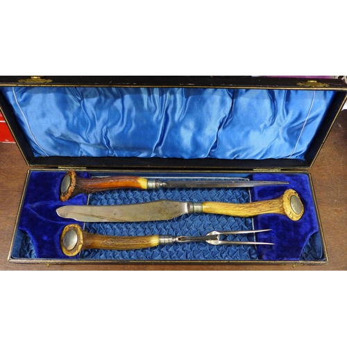 650 - A three piece antler handled carving set