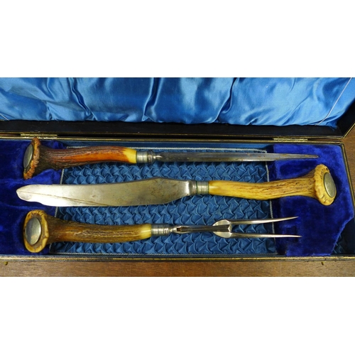 650 - A three piece antler handled carving set