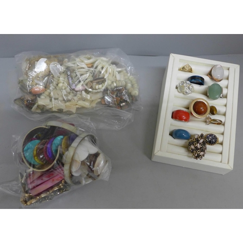 654 - Costume jewellery including dress rings and mother of pearl