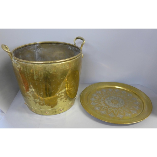 741 - An Indian brass tray and a brass coal bucket