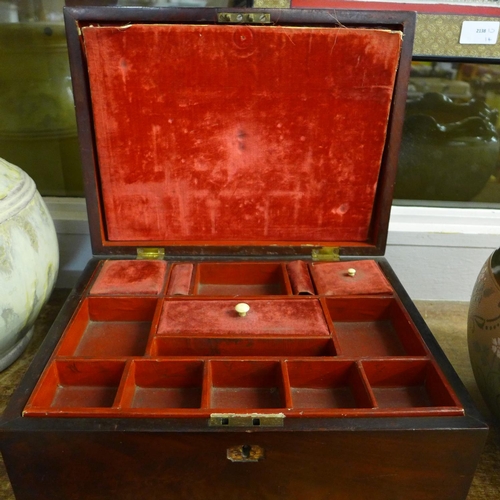 758 - A 19th Century mahogany veneered work box with brass cartouche to the lid, engraved Louisa Richards