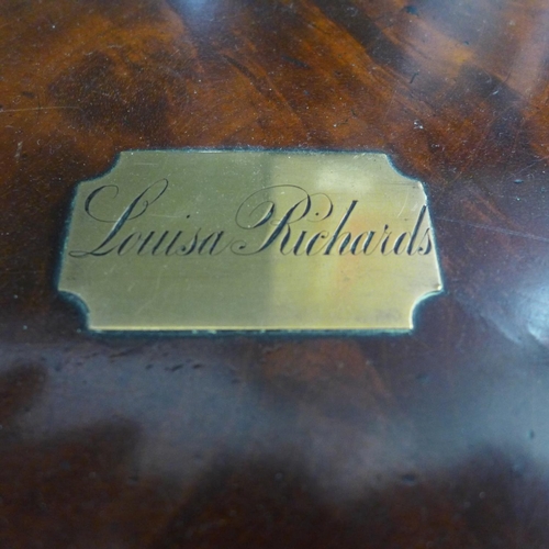 758 - A 19th Century mahogany veneered work box with brass cartouche to the lid, engraved Louisa Richards