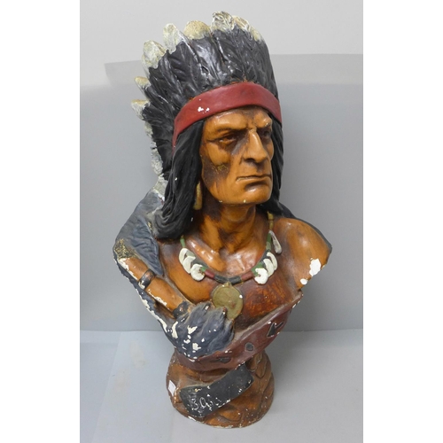 762 - A cigar store Native American advertising chalkware bust, '305 cigars', 54cm