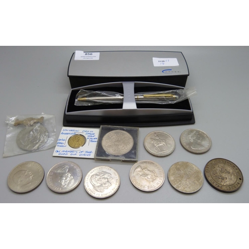 856 - A collection of commemorative coins and a Cross pen