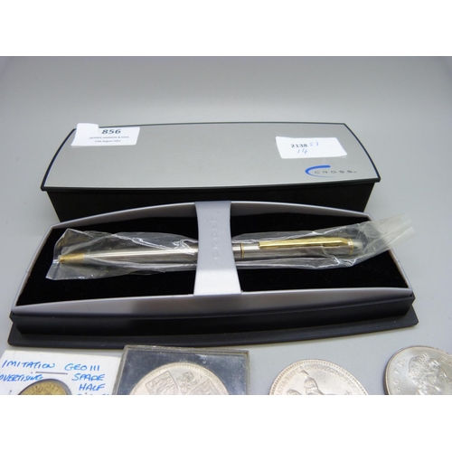 856 - A collection of commemorative coins and a Cross pen