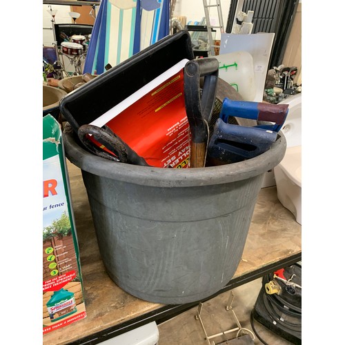 2077 - Bucket of tools including saws, sprayers, stake, mallets, etc.