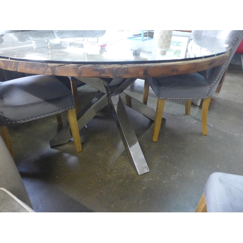 1350 - A Chennai large circular dining table and a set of six Arlo grey chairs