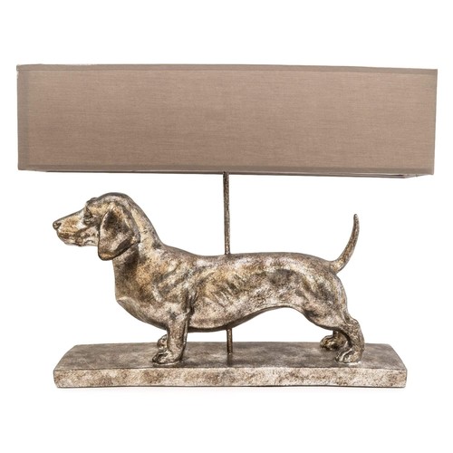 1421 - A large silver Dachshund lamp with grey shade, H 48cms x W 60cms (66692877)   #