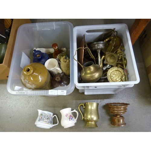 993 - A box of metalware and a box with a stoneware bottle, two whisky decanters, etc. **PLEASE NOTE THIS ... 