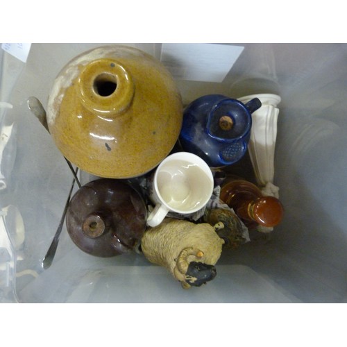 993 - A box of metalware and a box with a stoneware bottle, two whisky decanters, etc. **PLEASE NOTE THIS ... 