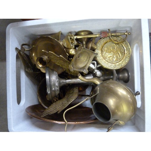 993 - A box of metalware and a box with a stoneware bottle, two whisky decanters, etc. **PLEASE NOTE THIS ... 