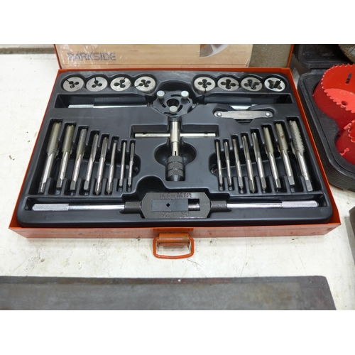 2008 - Box of tools: Draper tap + die set in case, drill bits, core drill bit set, misc DIY items etc.