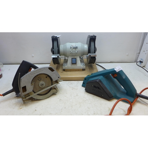 2036 - Macallister bench grinder with Black and Decker circular saw and Black and Decker electric plane