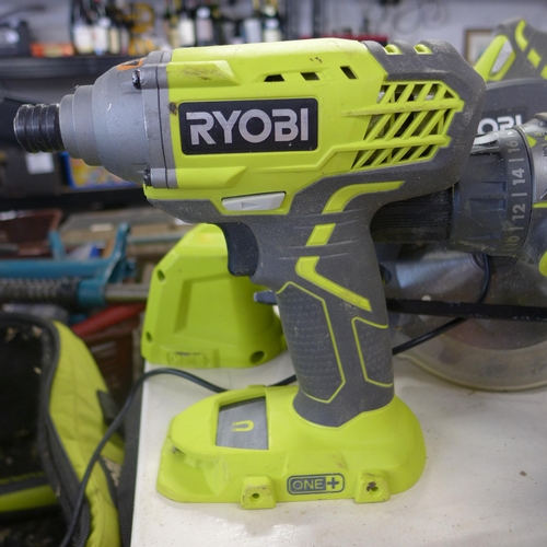 2101 - Ryobi cordless impact driver, cordless screwdriver, cordless circular saw, and cordless angle grinde... 