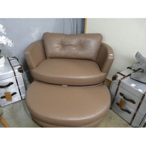 1402 - A mocha brown PU leather button back loveseat with footstool