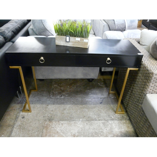 1522 - A black two drawer console table with gold legs