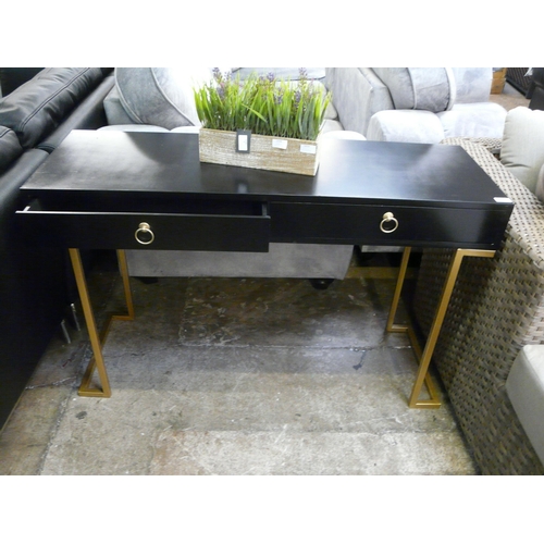 1522 - A black two drawer console table with gold legs