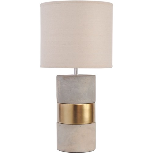 1316 - A concrete base table lamp with a decorative gold band and linen shade, H 63cms (70316743)   #