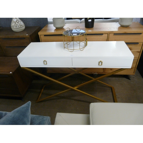 1392 - A white two drawer console table with cross legs