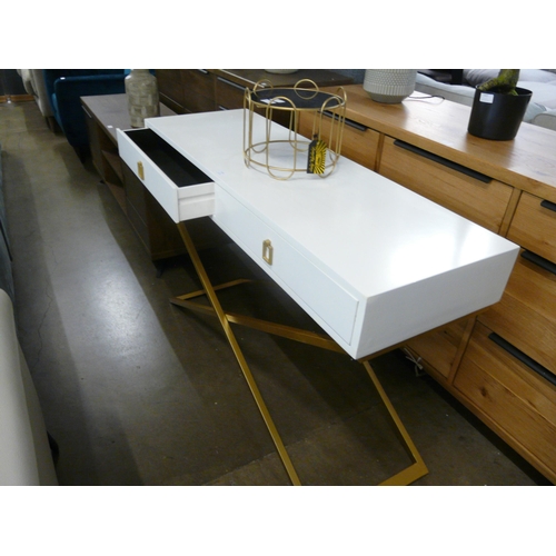 1392 - A white two drawer console table with cross legs