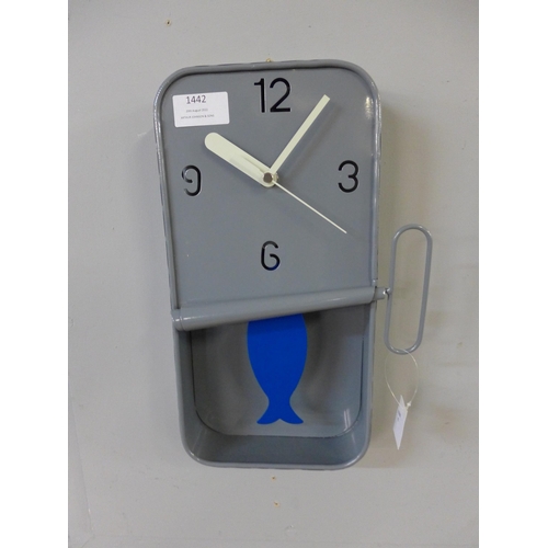 1420 - A grey metal sardine tin wall clock, H 30cms (HKL1110)   #