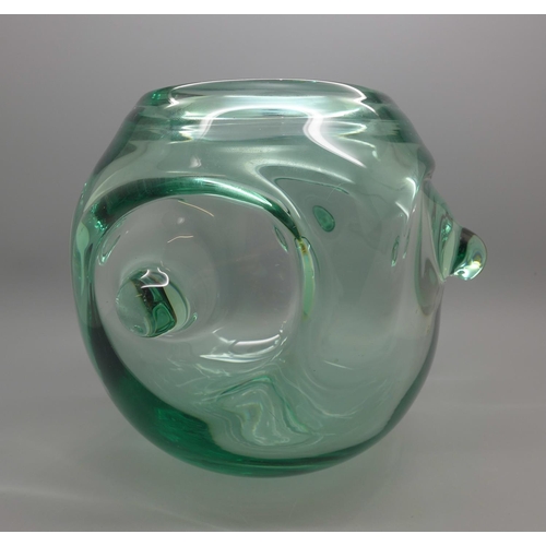 603 - A Whitefriars emerald glass vase with applied bases, pattern number 9121, designed 1937 by William W... 