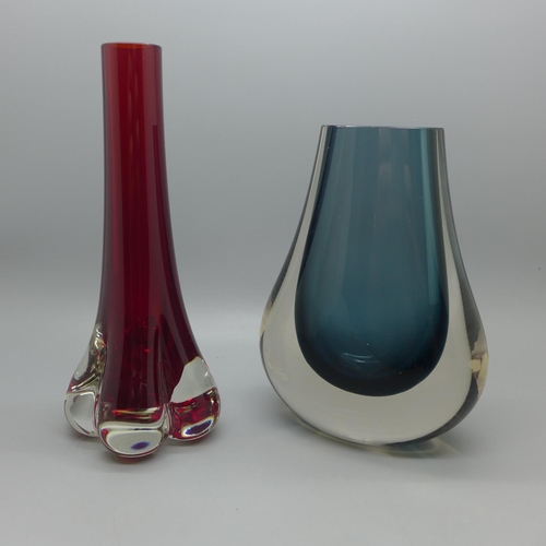 604 - Two Whitefriars vases; hambone vase in indigo (no. 9656) and an elephant foot vase in ruby (no. 9728... 