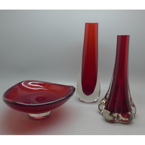 605 - Two Whitefriars glass vases; a tear drop vase (no 9571), an elephant foot vase (no. 9728) and a thre... 