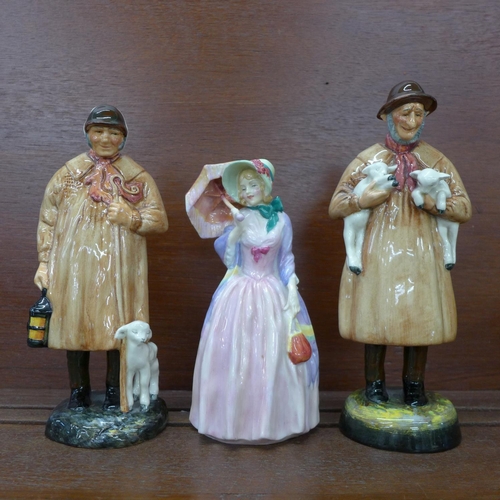 613 - Three Royal Doulton figures; The Shepherd, Lambing Time and Miss Demure