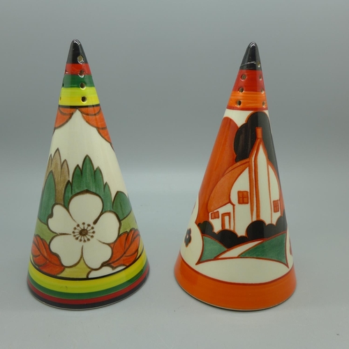 619 - Two Wedgwood Bizarre Clarice Cliff shakers, both tips broken and re-glued