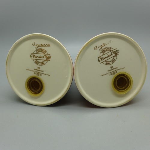 619 - Two Wedgwood Bizarre Clarice Cliff shakers, both tips broken and re-glued