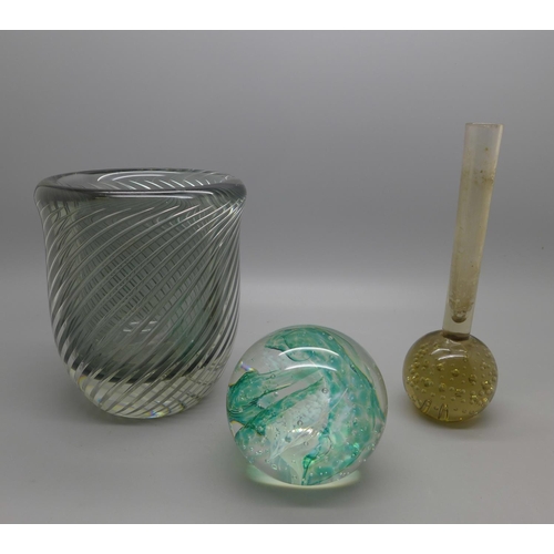 622 - A grey glass vase, posy vase and Selkirk glass paperweight