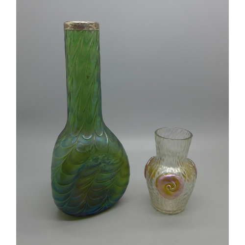 624 - A green Loetz glass iridescent spill vase with silver rim and one other glass vase, 19cm