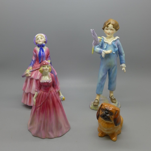 630 - Two Royal Doulton figures, Biddy, a/f, and Rosamund, a Royal Worcester figure, Parakeet, a/f, painte... 