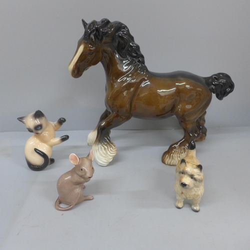 633 - A Beswick shire horse, Beswick Norfolk terrier, a mouse and a Goebel cat