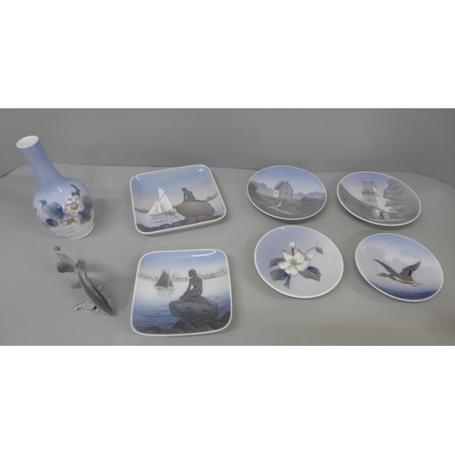 634 - Six Royal Copenhagen pin dishes, a small vase and a model of a fish