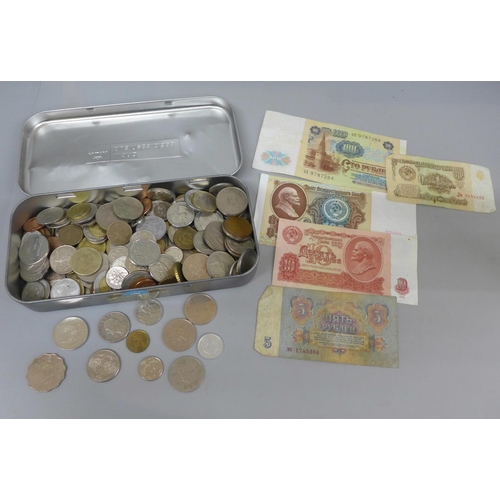 640 - A tin of foreign currency and banknotes