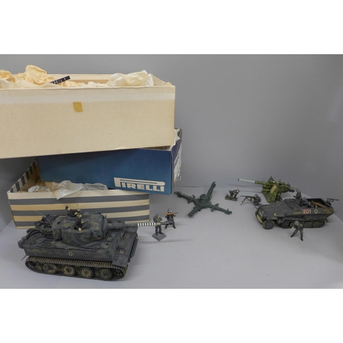 656 - Three boxes of plastic German army soldiers, tank and field gun