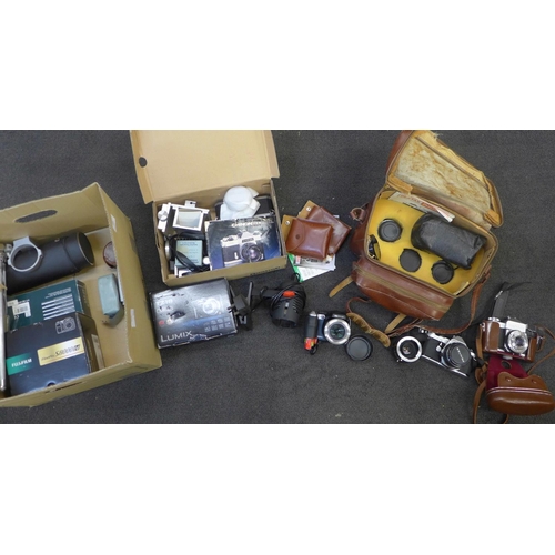 700 - A collection of cameras including Pentax ME Super, Chinon CX II, Fujifilm digital and lenses