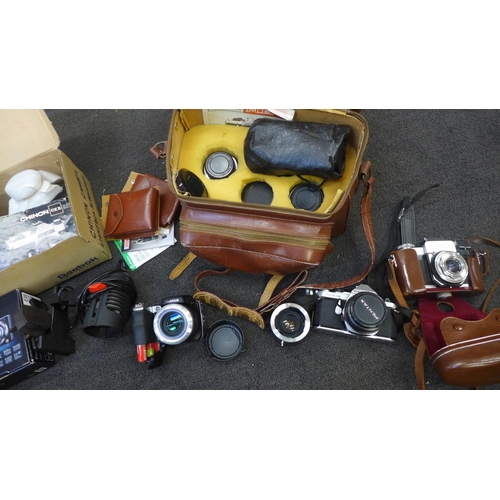 700 - A collection of cameras including Pentax ME Super, Chinon CX II, Fujifilm digital and lenses