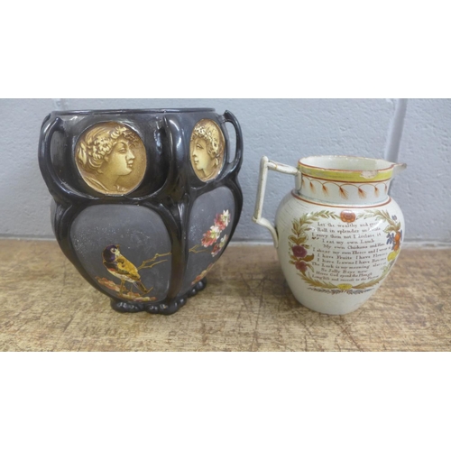 758 - A 19th Century creamware Harvest jug, a/f, and a Bretby enamel vase