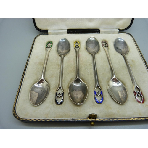 786 - A cased set of six silver and enamelled spoons, Sheffield 1933, 37g