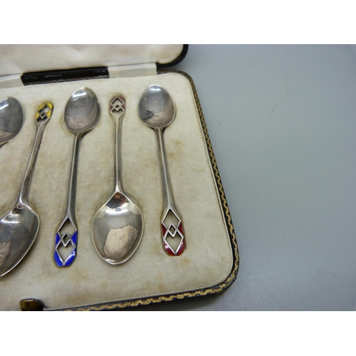 786 - A cased set of six silver and enamelled spoons, Sheffield 1933, 37g