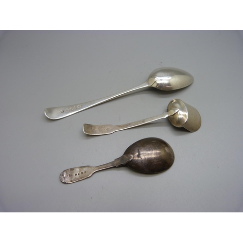 809 - Three silver spoons, Hester Bateman, London 1789, shovel caddy spoon, London 1793 and one other cadd... 