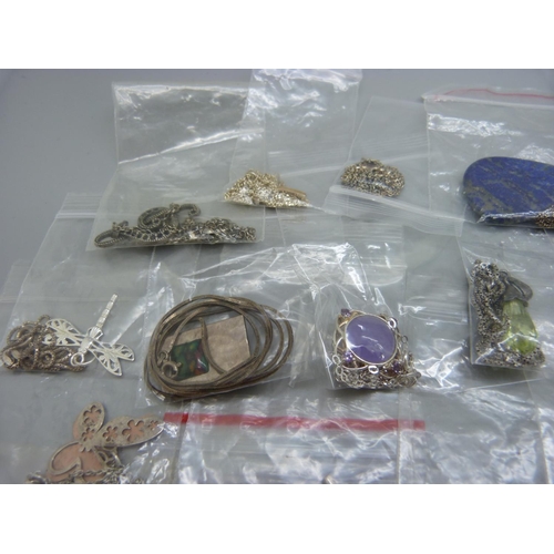 895 - Silver and silver mounted pendants and chains and silver necklets, 21 in total