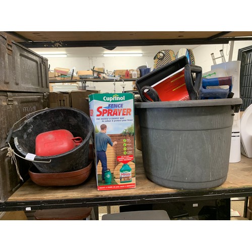 2070 - Bucket of tools including saws, sprayers, stake, mallets, etc.