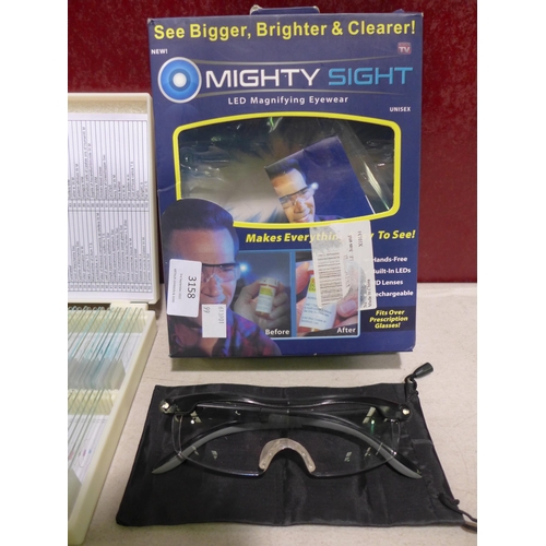 3158 - Biology microscope prepared slide set (approx. 100pcs) and LED magnifying glasses